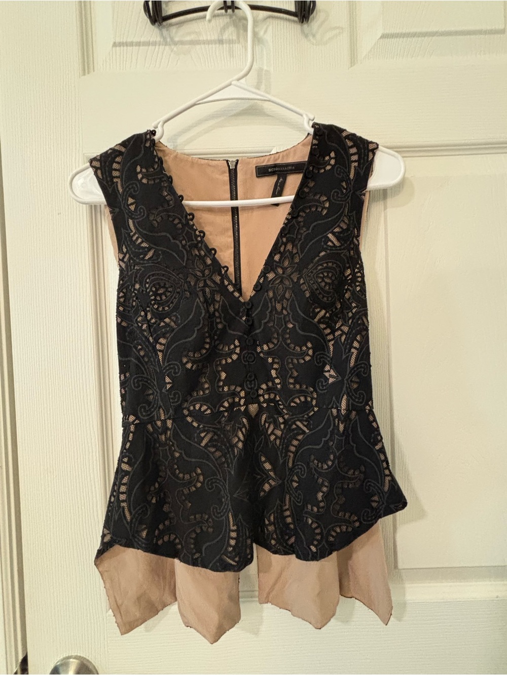 BCBGMaxAzria Black Lace Peplum Camisole with Nude Lining
